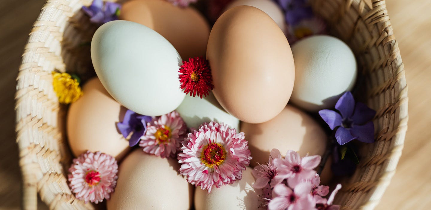 Uova di Pasqua colorate con fiori primaverili